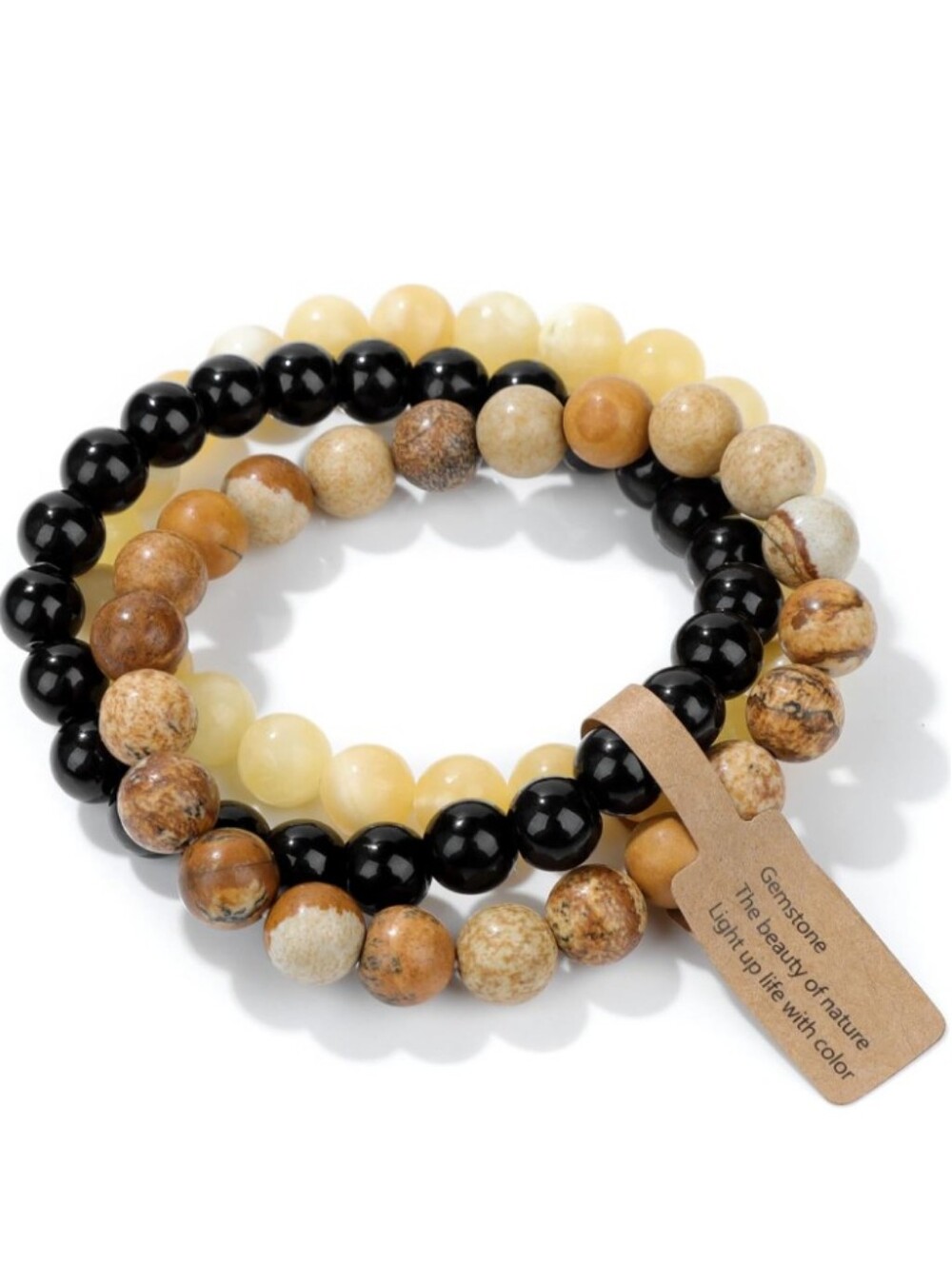 3Pc Picture Jasper Black Onyx Yellow Jade Beaded Bracelet Set Stack 8mm 19cm